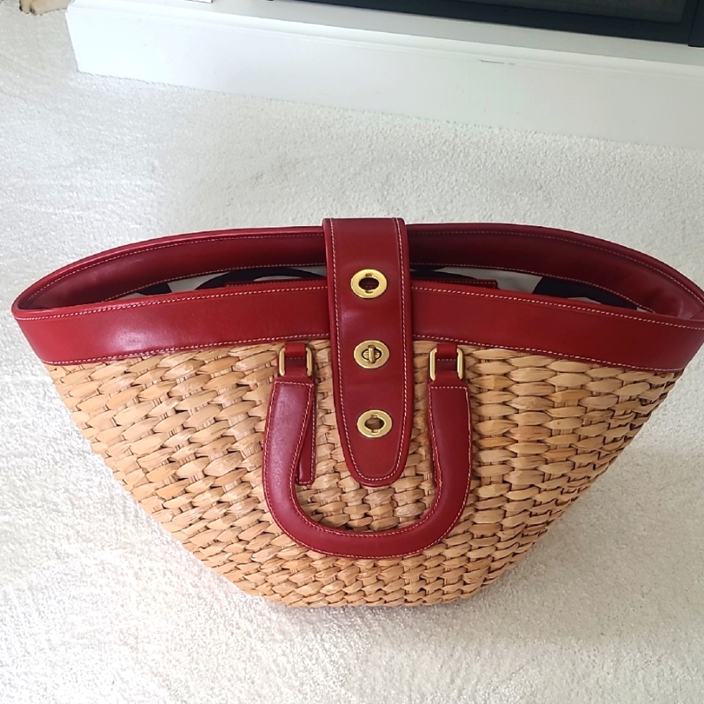 Coach Red Leather and Tan Woven Tote Bag Gorgeous!